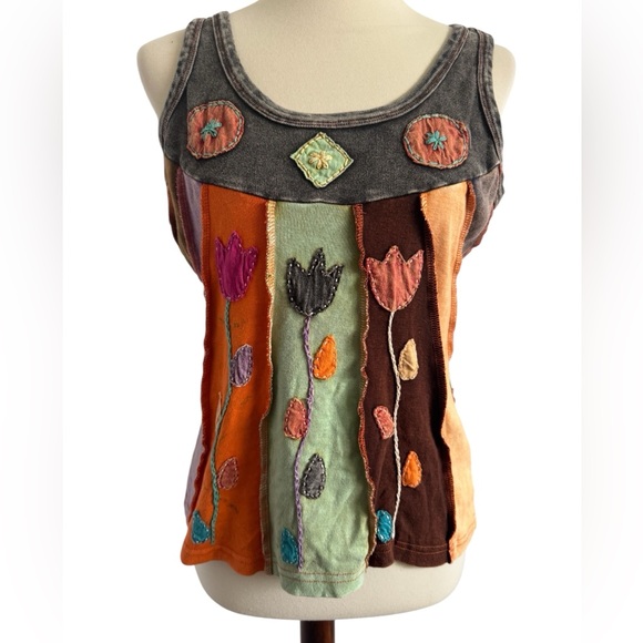 The Unbranded Brand Tops - Unbranded bohemian Style Tank Cotton Patchwork Floral Embroidery Tank Top Size L